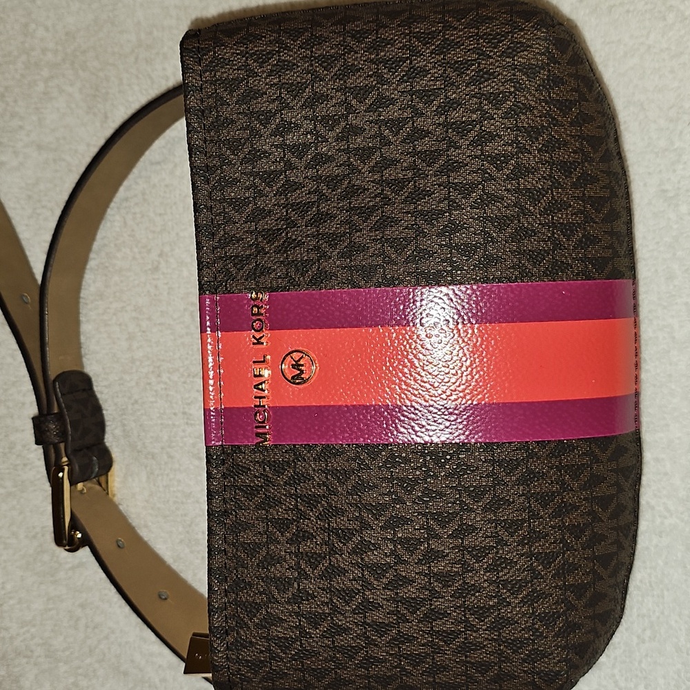 Michael Kors Crossbody BELT Bag Pink Stripe With COATED Canvass MK Gold Logo
